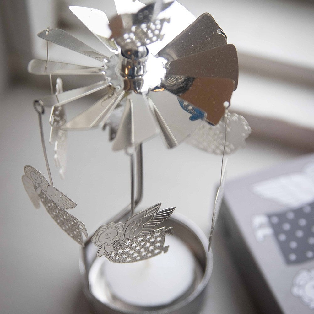 aelgmark silver angel spinning candle holder with candle, festive Christmas decor