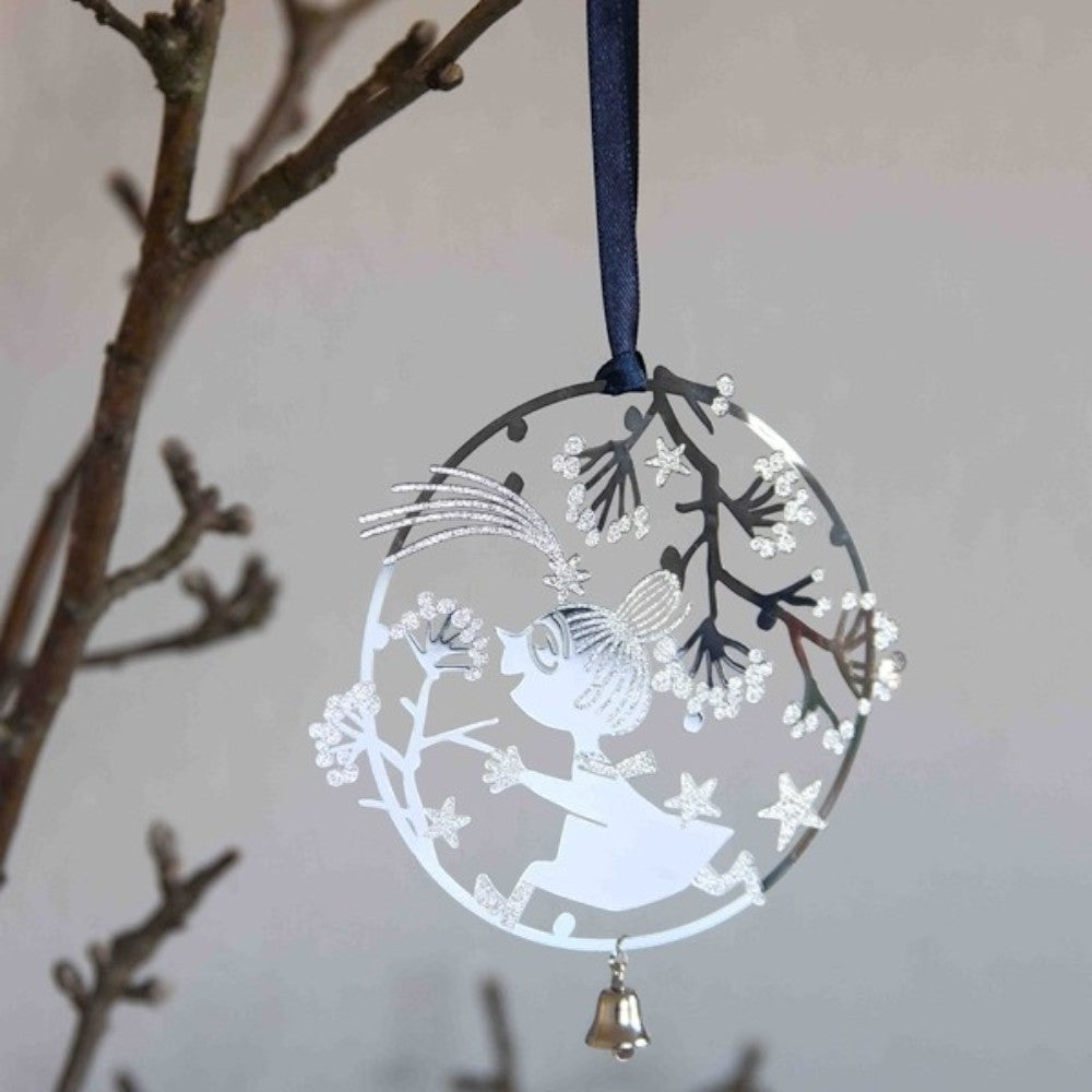 aelgmark silver metal ornament with a character reaching for stars and flowers, with a small bell.