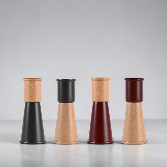 aelgmark set of 2 small beech wood salt and pepper grinders with adjustable ceramic cores in black and burgundy.