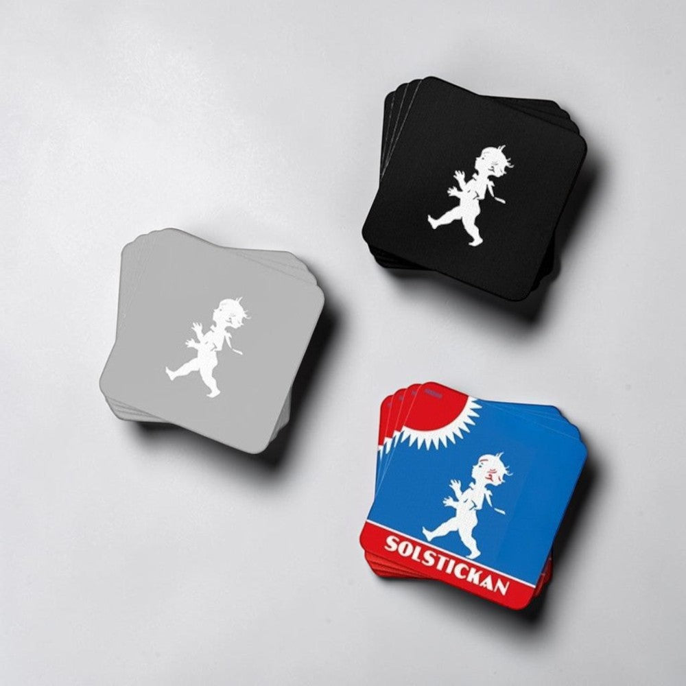 aelgmark北歐生活選物 set of 4 coasters featuring the iconic SOLSTICKAN boy design in black, grey, and blue with red accents.