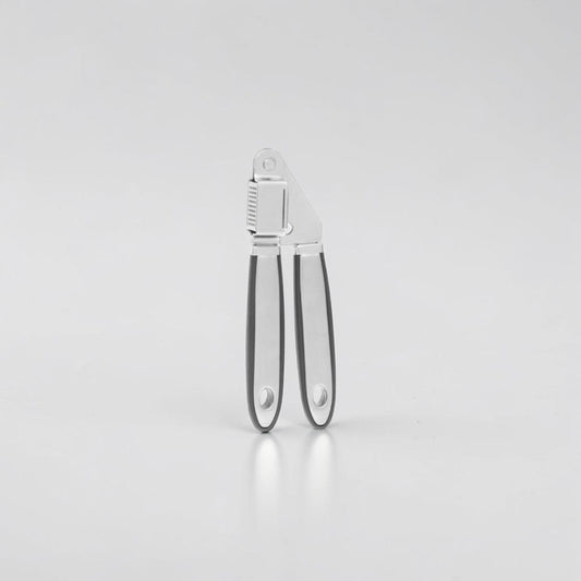 aelgmark stainless steel garlic press with ergonomic non-slip handles for crushing garlic and nuts.