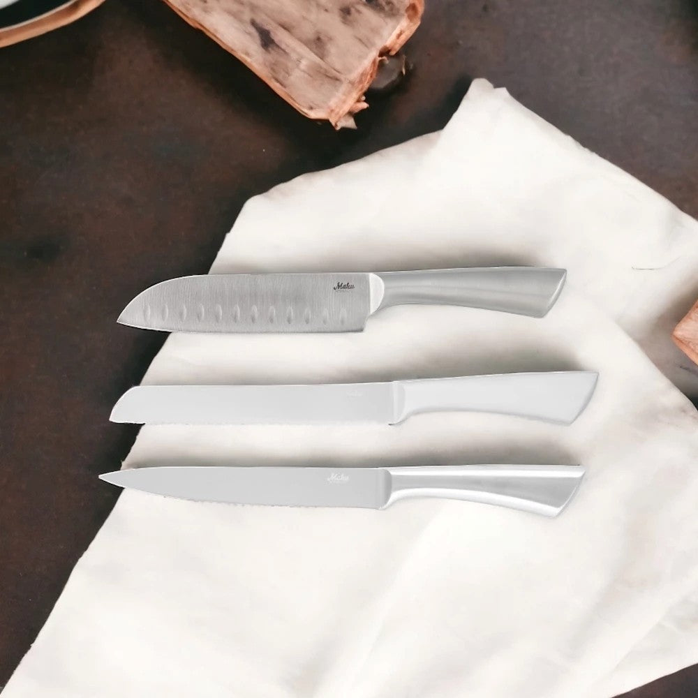 aelgmark set of 3 stainless steel kitchen knives: santoku, bread knife, and carving knife with ergonomic handles.