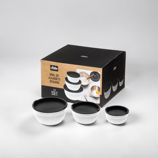 aelgmark white stainless steel mixing bowl set with black lids, includes 3 sizes for baking and cooking.