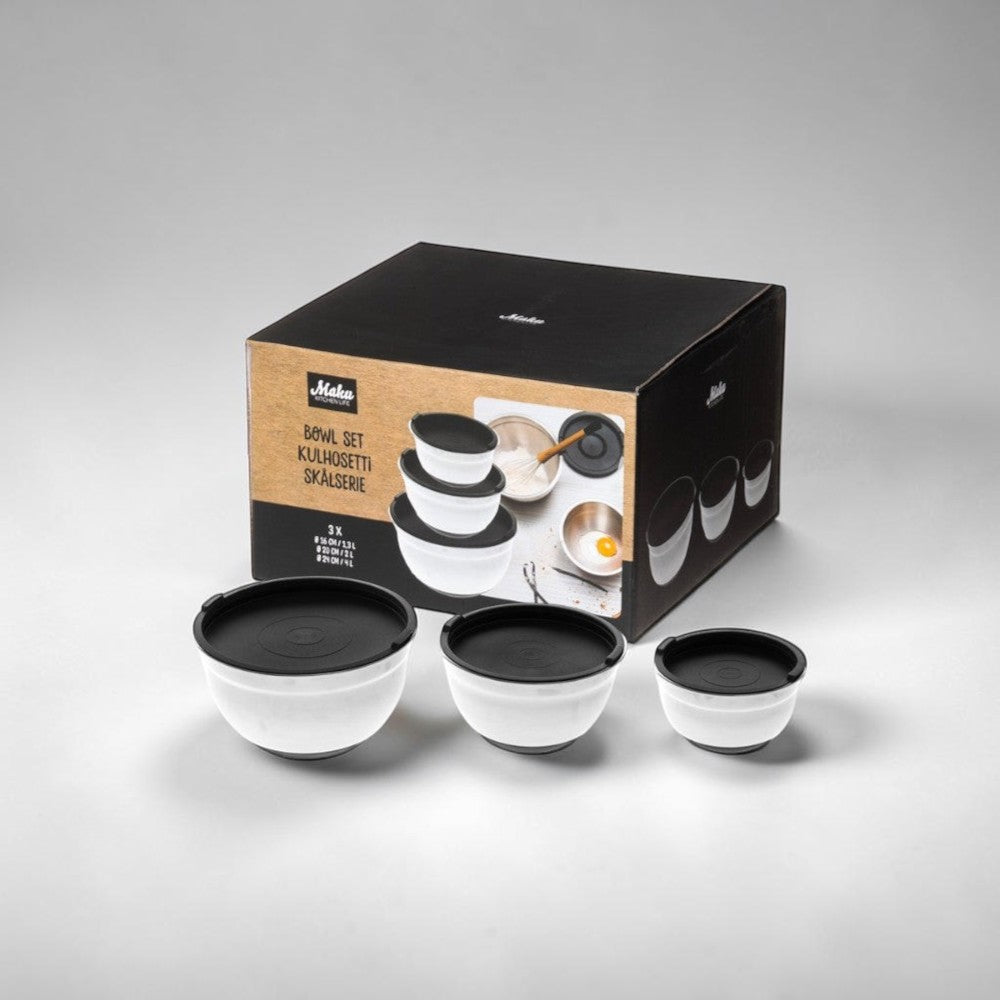 aelgmark white stainless steel mixing bowl set with black lids, includes 3 sizes for baking and cooking.