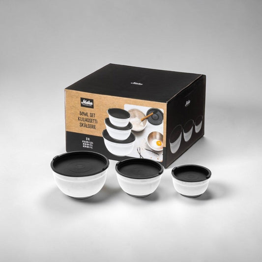 aelgmark white stainless steel mixing bowl set with black lids, includes 3 sizes for baking and cooking.