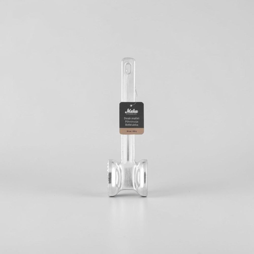 aelgmark北歐生活選物 silver metal steak mallet with textured and smooth sides for tenderizing and flattening meat.