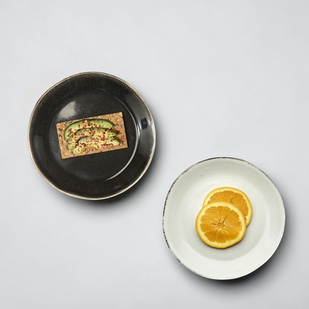 aelgmark set of 2 stoneware plates in black and light grey with unique handmade glaze, 22cm diameter.