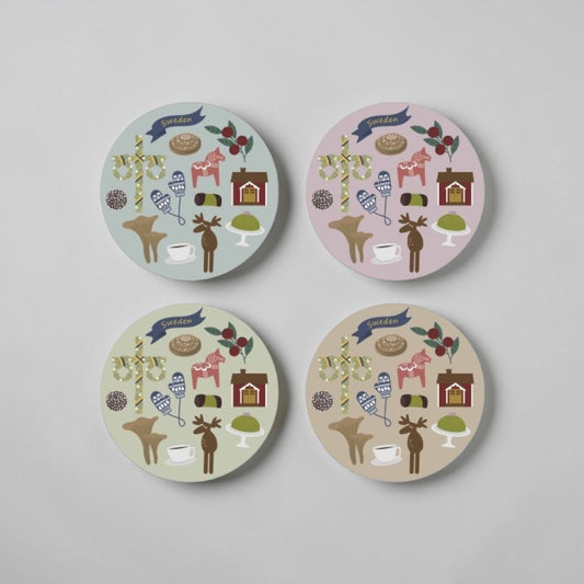aelgmark set of 4 Swedish celebration themed coasters with folk art motifs, wood and cork material.