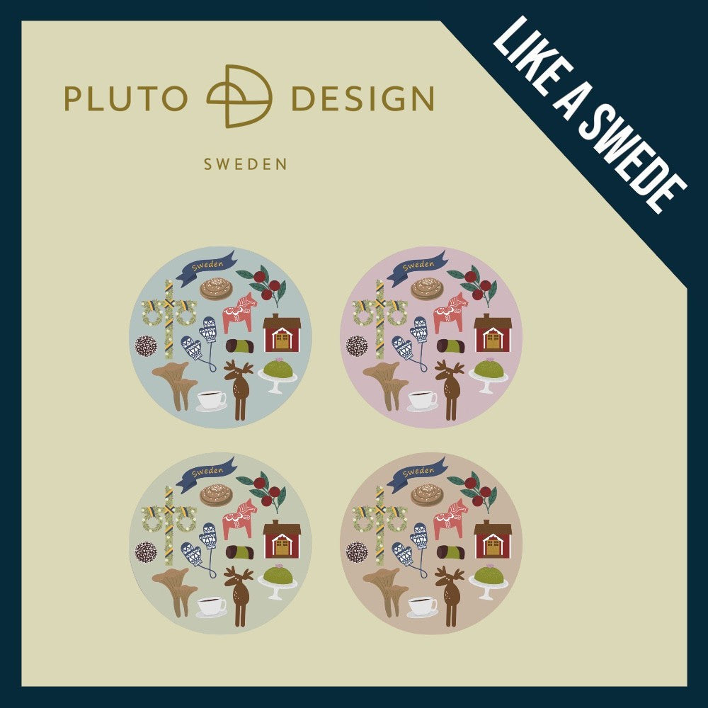aelgmark Pluto Design set of 4 Swedish celebration themed coasters with moose, Dala horse, house, and festive icons. Wood and cork.