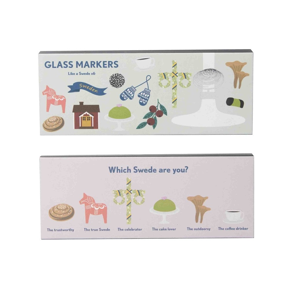 aelgmark Glass Markers set of 6, featuring Swedish cultural icons like Dala horse, cinnamon bun, and Midsummer maypole.