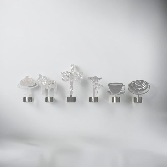 aelgmark set of 6 Swedish cultural symbols wine glass charms: cake, Dala horse, maypole, mushroom, coffee cup, cinnamon bun.