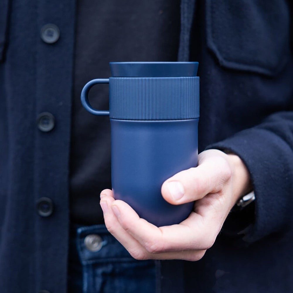 aelgmark Ted blue recycled stainless steel travel mug with handle and press-top lid, 280ml
