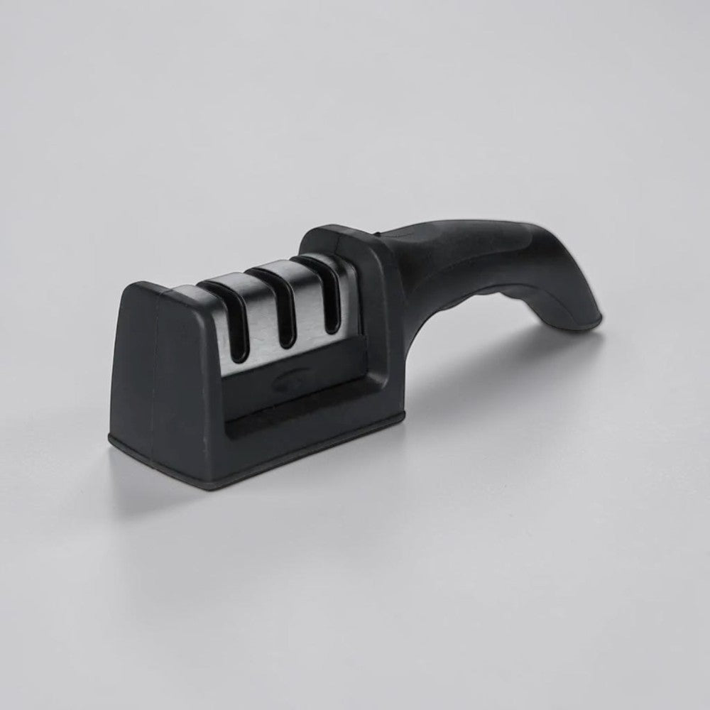 aelgmark black three-stage knife sharpener with ergonomic handle and non-slip base for kitchen use.
