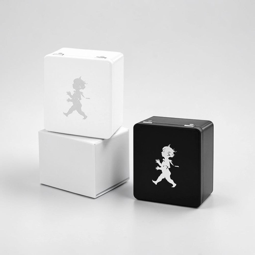 aelgmark white and black tin storage boxes with classic boy graphic, perfect for tea bags or small items.