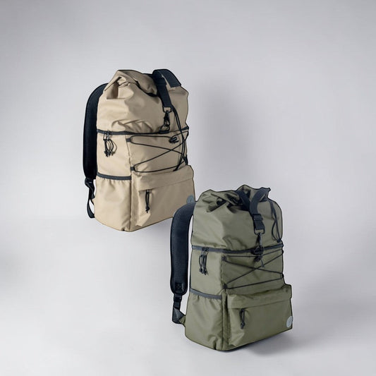 aelgmark Vide insulated backpack in beige and olive green, 21L, waterproof, eco-friendly material, dual-layer design.