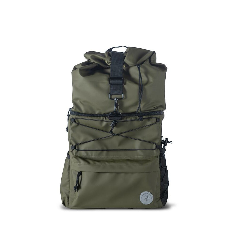 aelgmark Vide olive green 21L insulated backpack with roll-top closure, dual compartments, and water bottle side pockets.