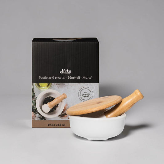 aelgmark mortar and pestle set with bamboo lid, white ceramic bowl for crushing spices.