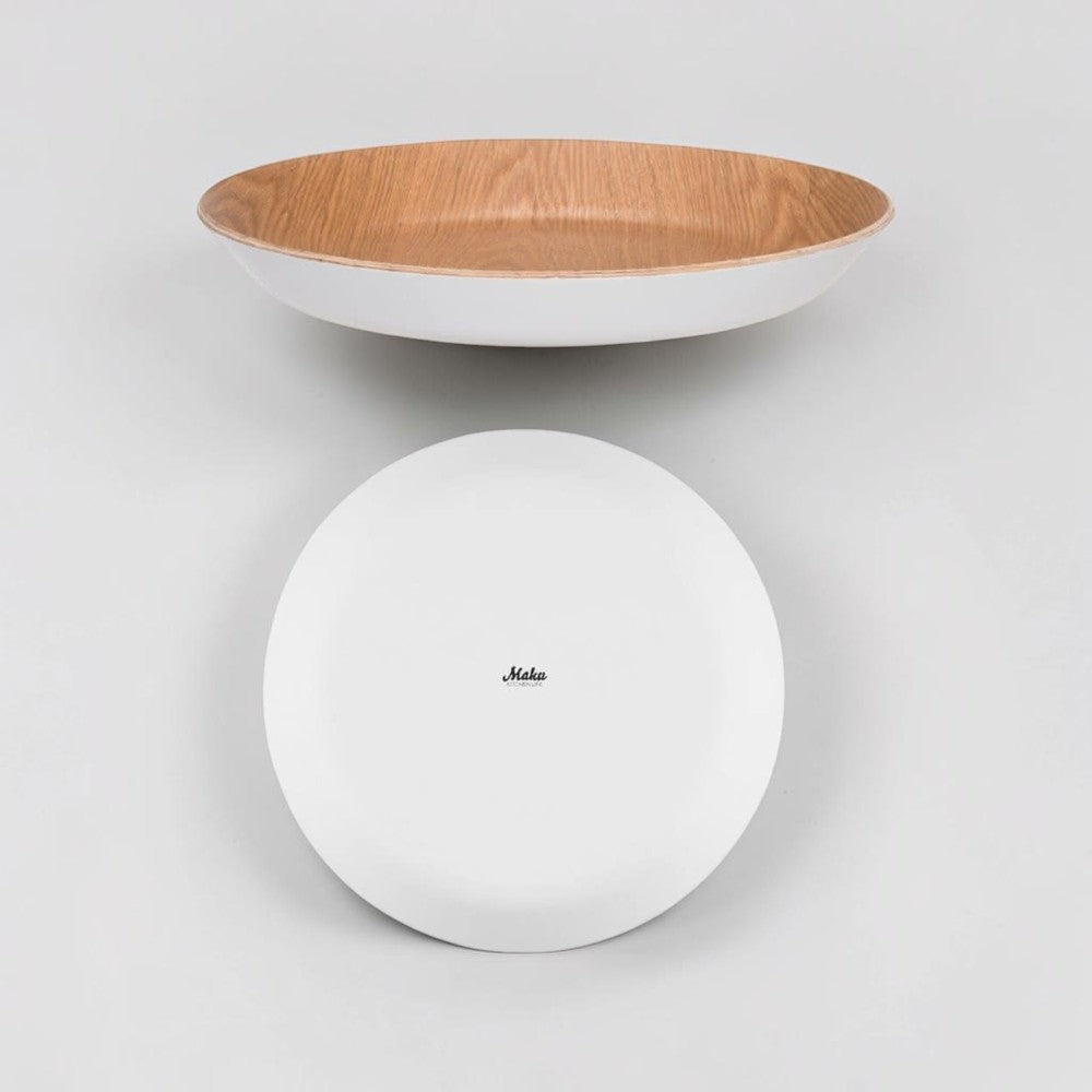 aelgmark white rimmed round willow wood serving tray with natural wood grain interior