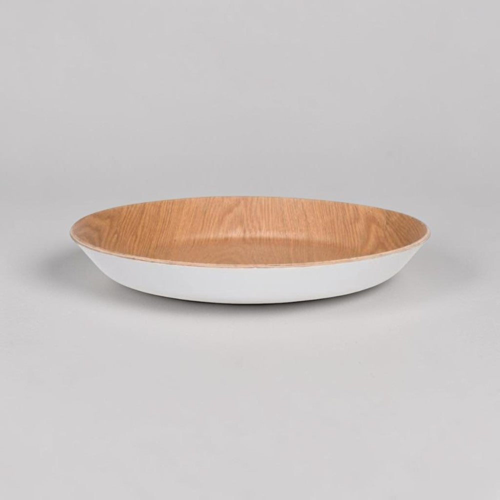 aelgmark white rimmed natural wood grain round serving tray. Ideal for snacks, desserts, or decor.