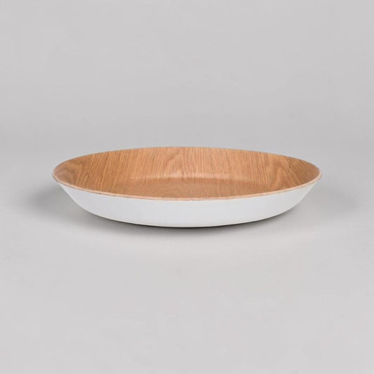 aelgmark white rimmed natural wood grain round serving tray. Ideal for snacks, desserts, or decor.