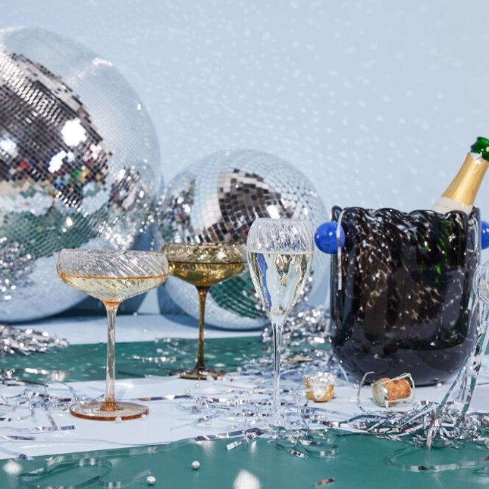 aelgmark Opacity wide champagne glasses, set of 6, clear glass with subtle swirl pattern, 300ml capacity.