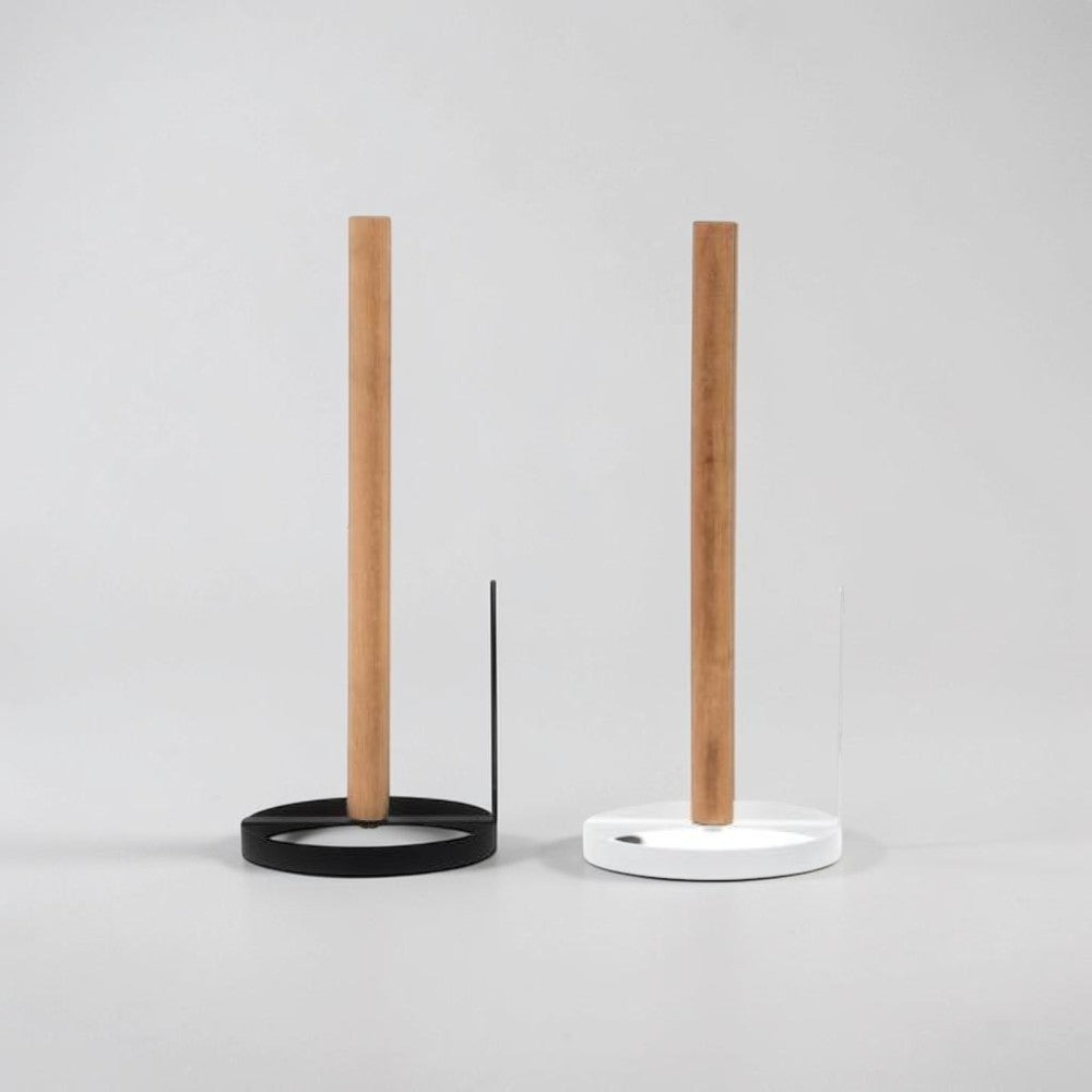 aelgmark kitchen paper towel holder with natural wood post and black or white metal base