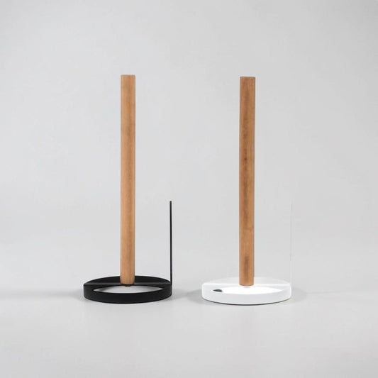 aelgmark kitchen paper towel holder with natural wood post and black or white metal base